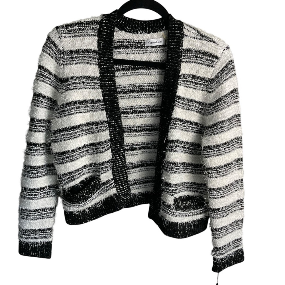 Calvin Klein Black & White Bouclé Striped Open Front Cardigan Sweater – Size S